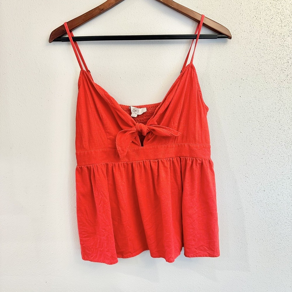 LOFT blouse top spaghetti strap knot tie cropped linen blend red baby doll SZ XS